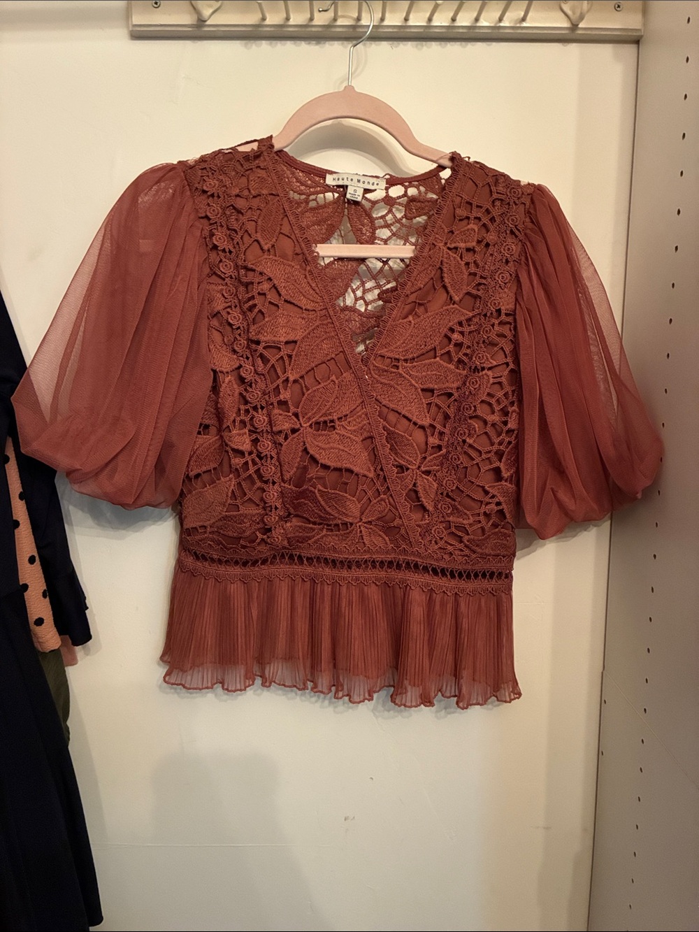 Haute Monde Rust Lace & Chiffon Puff Sleeve Blouse